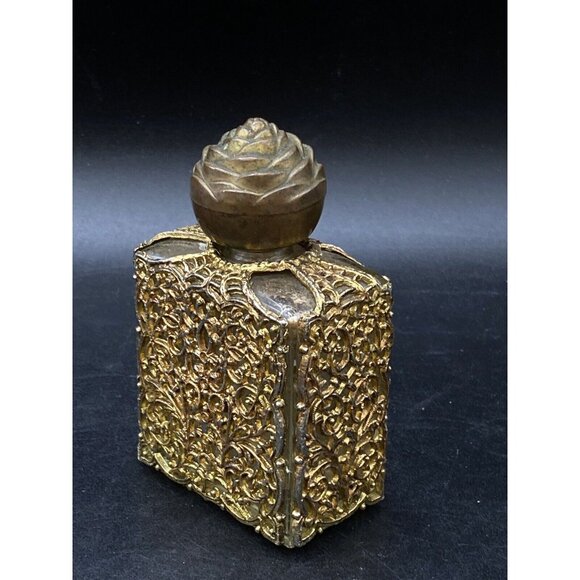 Glass Lalique Perfume Bottle Ornate Brass Metal Gold Toned Cover Holy Water - Picture 3 of 8